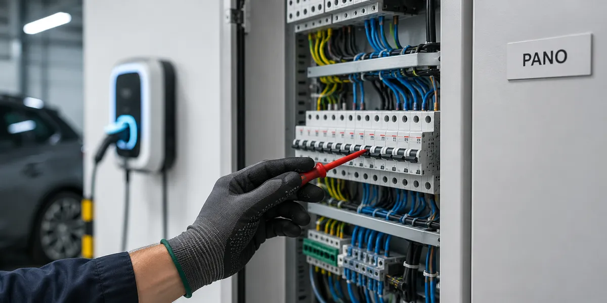 Elektrik panosunda şarj istasyonu besleme hattının koruma şalterlerini kontrol eden elektrikçi eli