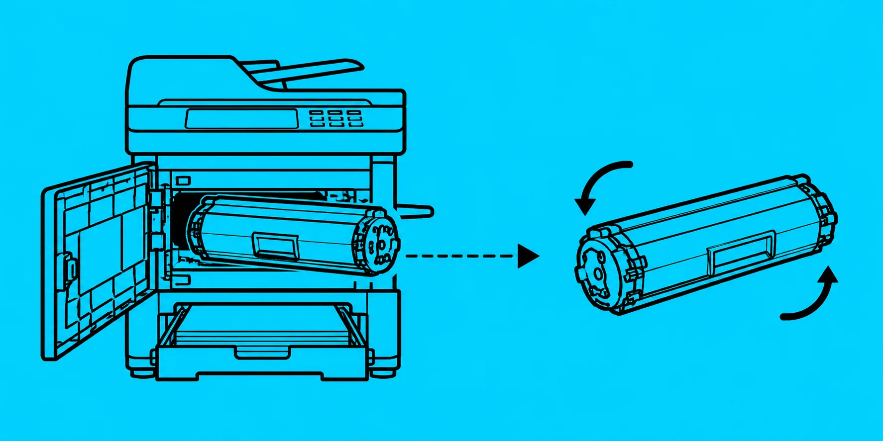 Fotokopi makinesinde toner kartuşunun değiştirilme adımlarını gösteren şema