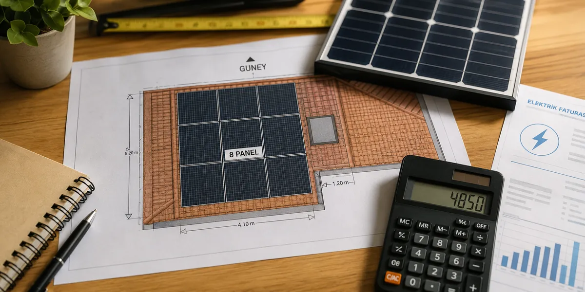 Masada güneş enerjisi projesi çizimi, hesap makinesi ve elektrik faturası ile boyutlandırma çalışması
