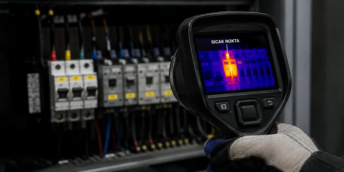 El tipi termal kamera ekranında elektrik panosundaki sıcak nokta turuncu renkte görünüyor